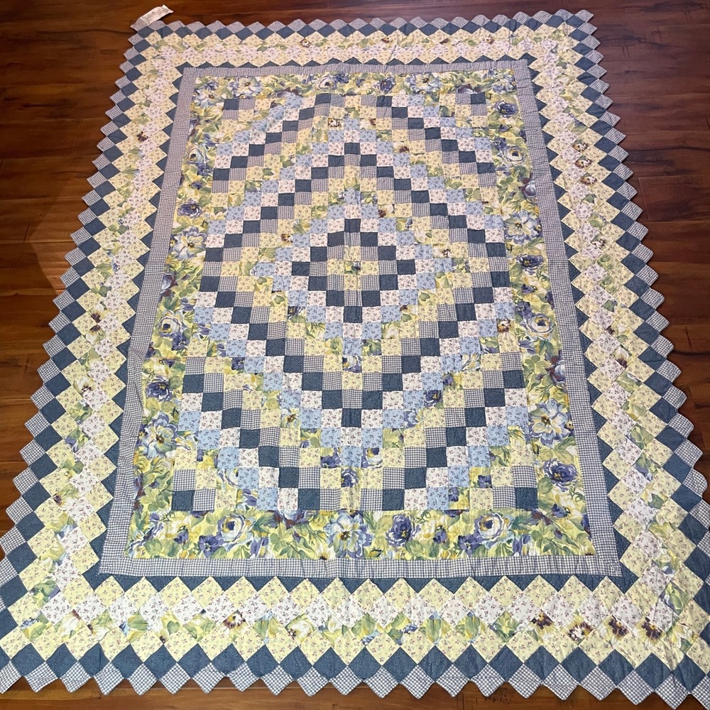Patchwork Quilted Coverlet Twin Size 62x82 Blue Floral Reversible Cottagecore